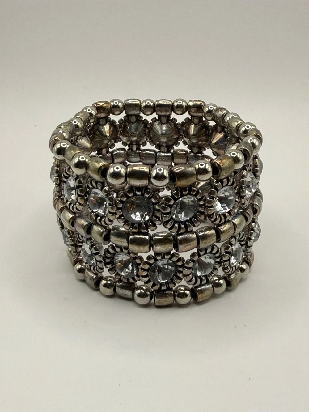 Vintage Silver Tone Rhinestone Crystal Large Cuff Bangle Statement Bracelet